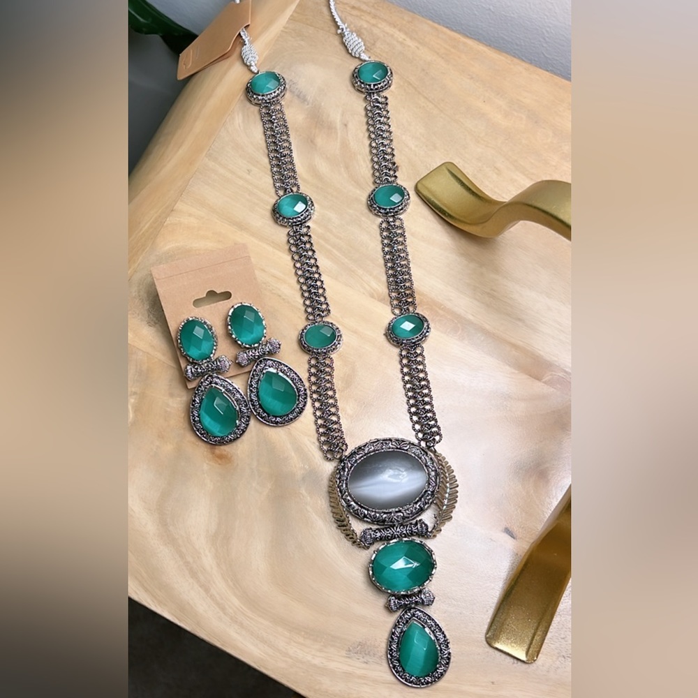 Aqua Green and grey Mystic Silver Necklace/Earring Set